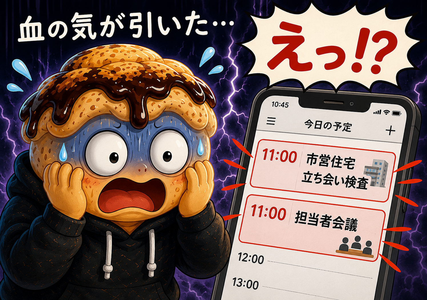 ダブルブッキングに気づいて驚くわらびもちキャラ