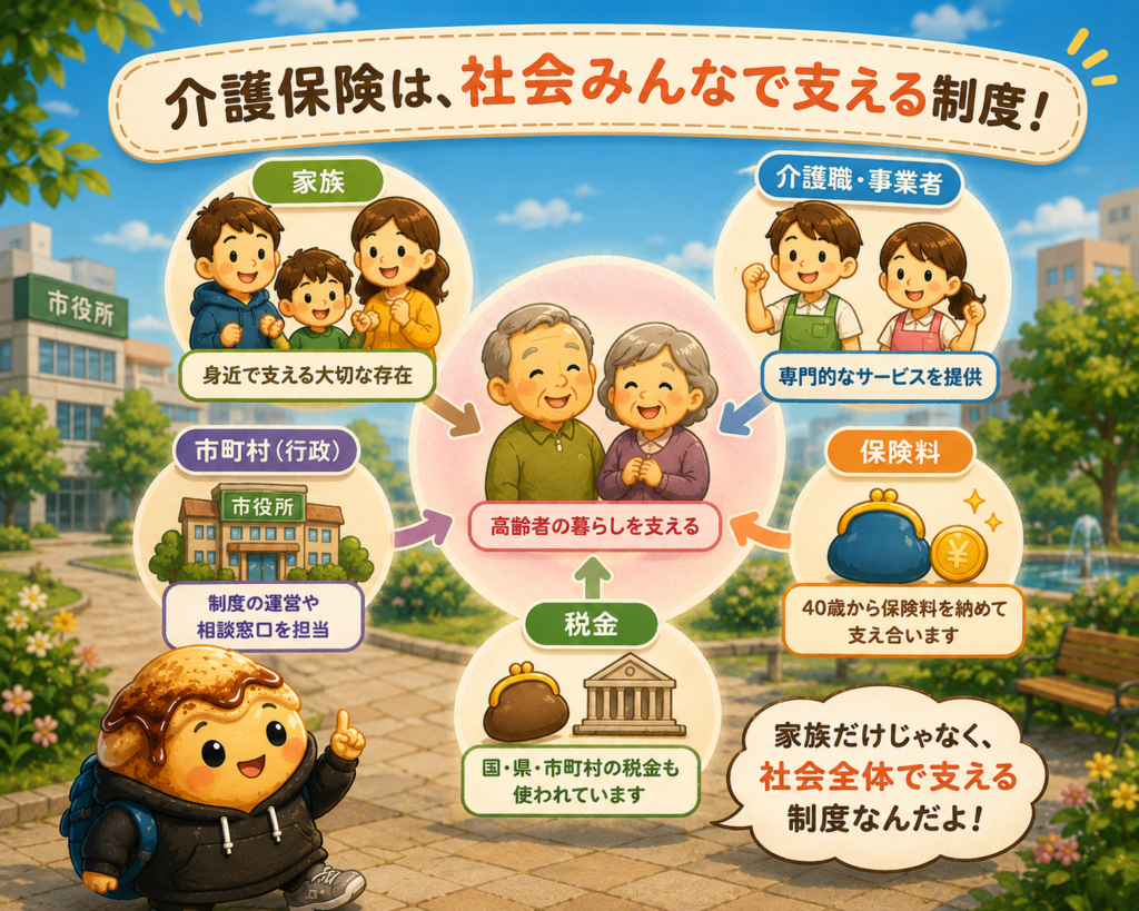 介護保険は家族・介護事業者・市町村・税金など社会全体で支える制度であることを示した図解