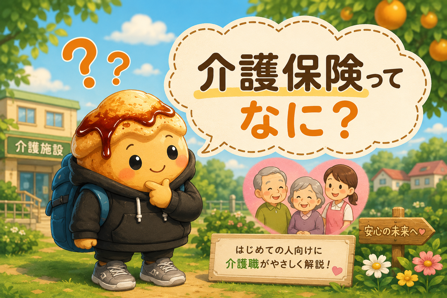 「介護保険ってなに？」はじめての人向けに介護職がやさしく解説する記事のアイキャッチ。考えるわらびもちキャラと高齢者夫婦のイラスト