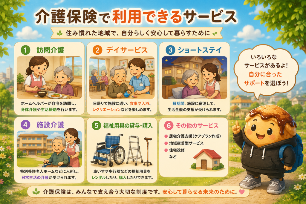 介護保険で利用できる6つのサービス（訪問介護・デイサービス・ショートステイ・施設介護・福祉用具の貸与/購入・その他）を示した図解