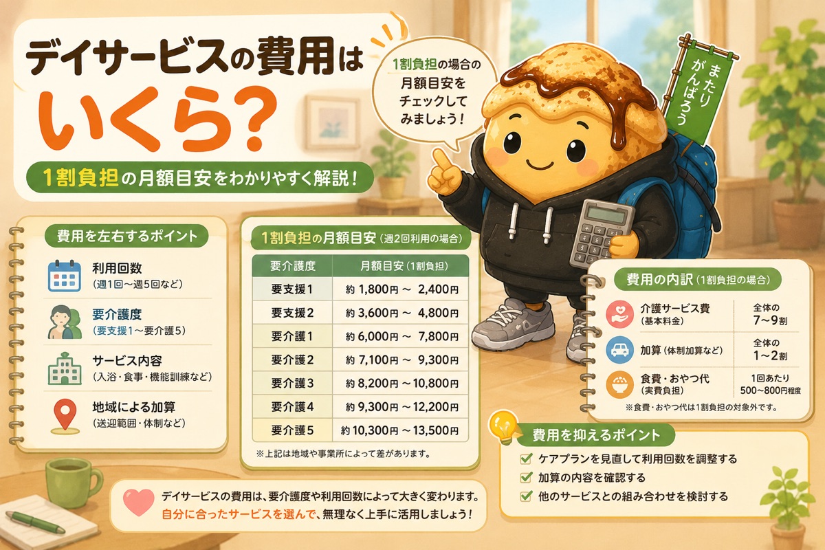 デイサービスの費用はいくら?要介護度別の1割負担の月額目安と費用の内訳をまとめた図解