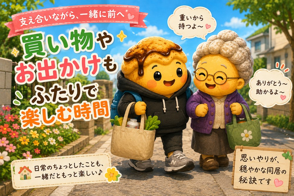 買い物やお出かけを支え合う母と息子のイラスト