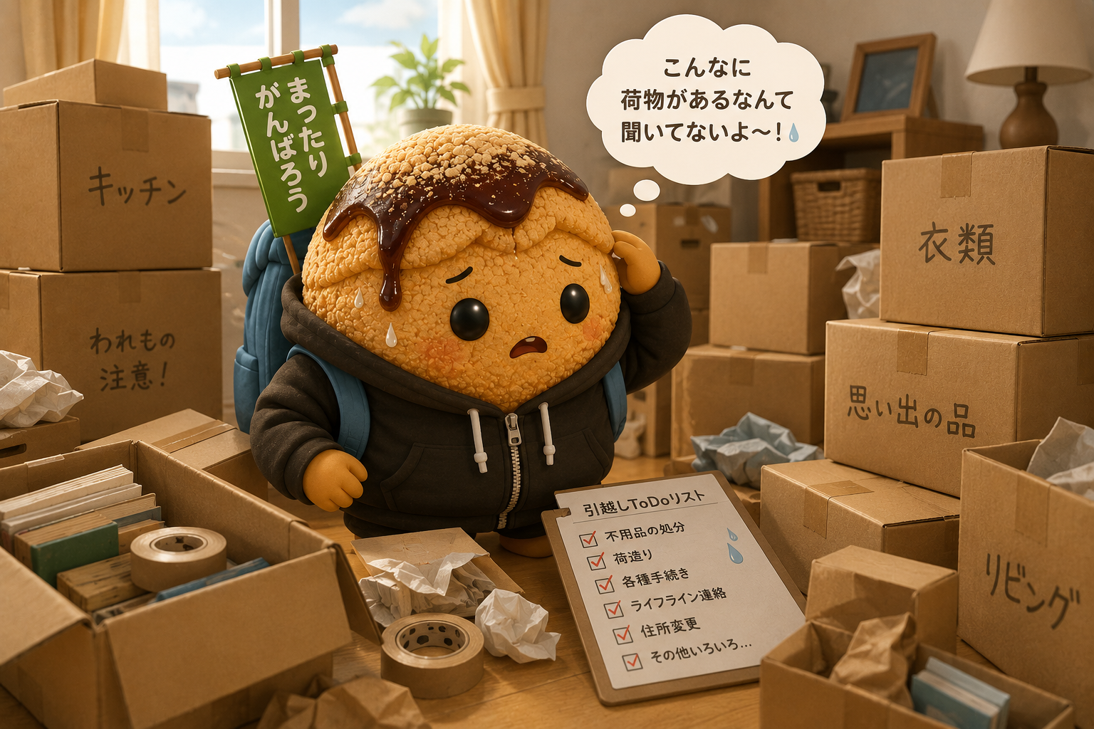 引越し手続きに途方に暮れるキャラクター