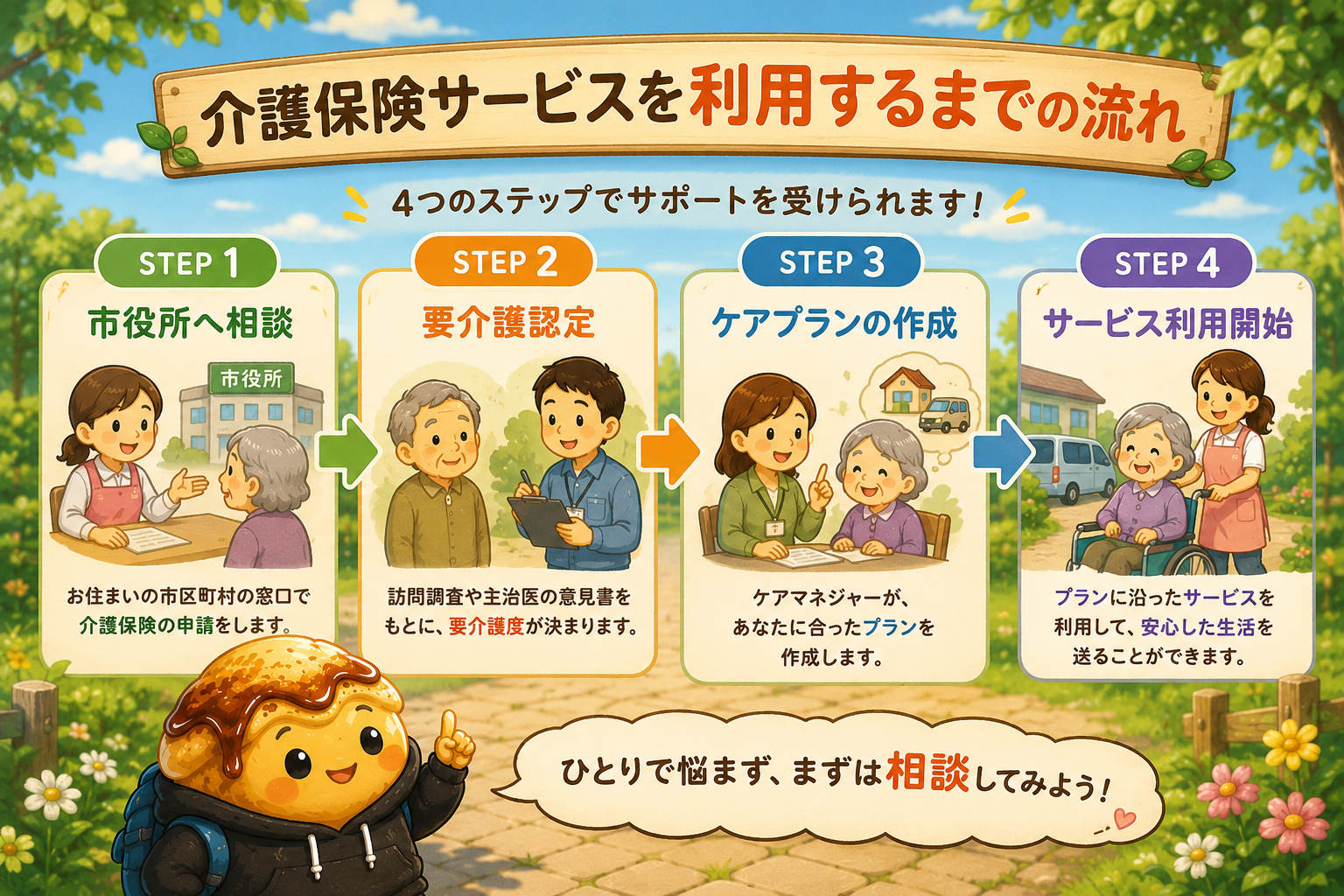 介護保険サービスを利用するまでの流れ。STEP1市役所へ相談、STEP2要介護認定、STEP3ケアプランの作成、STEP4サービス利用開始を示した図解