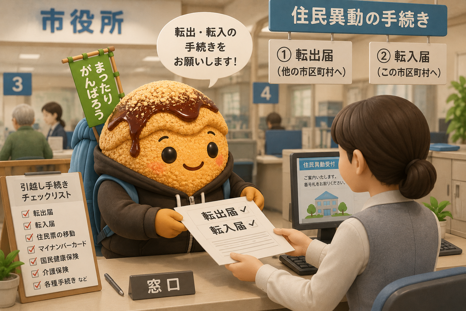 市役所の窓口で転出届・転入届を手続きするキャラクター