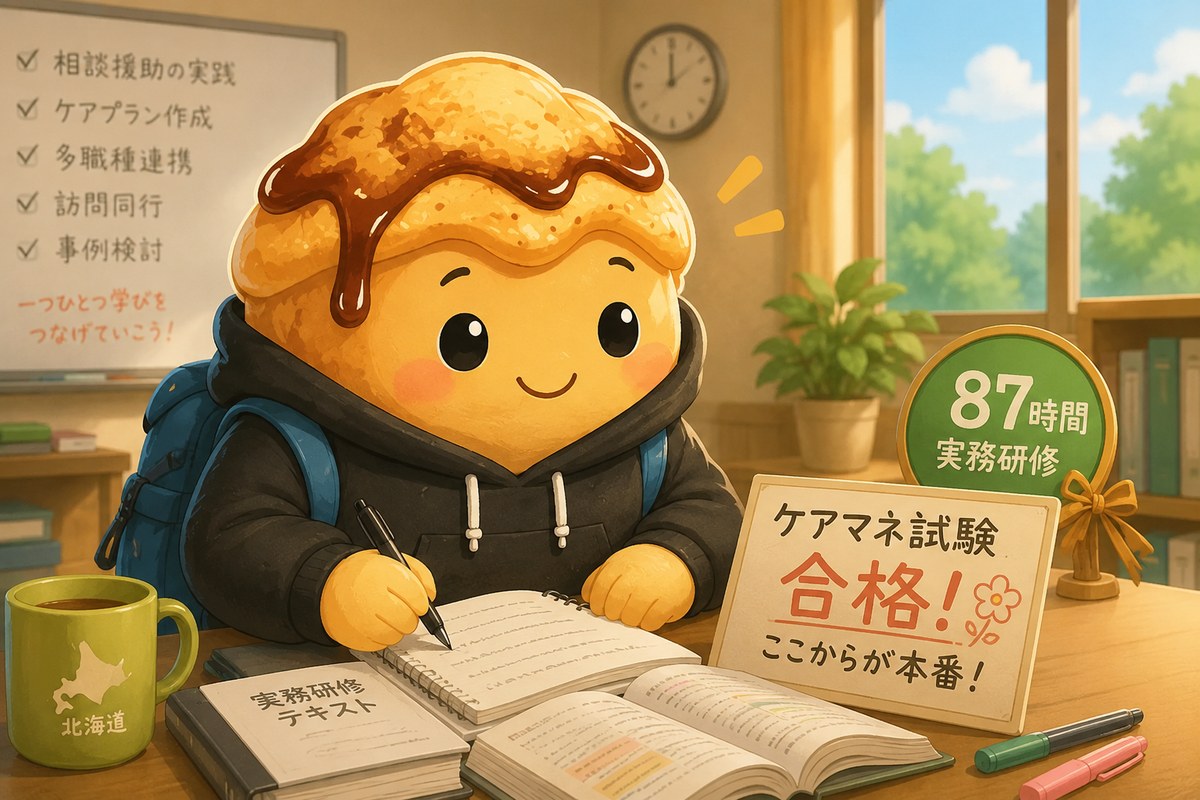 ケアマネ実務研修のテキストを開いて学ぶわらびもち。「ケアマネ試験合格！ここからが本番！」の看板と「87時間 実務研修」のバッジ
