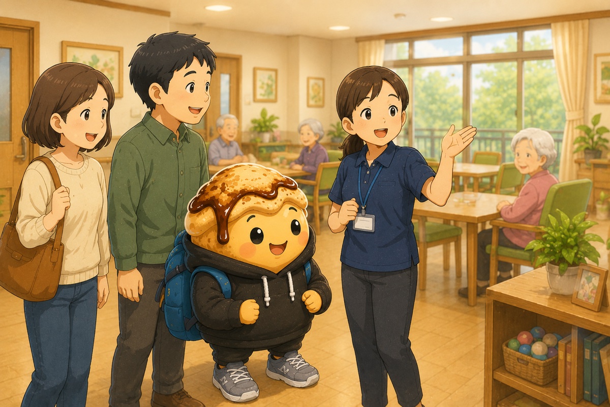 デイサービスを見学する家族のイラスト