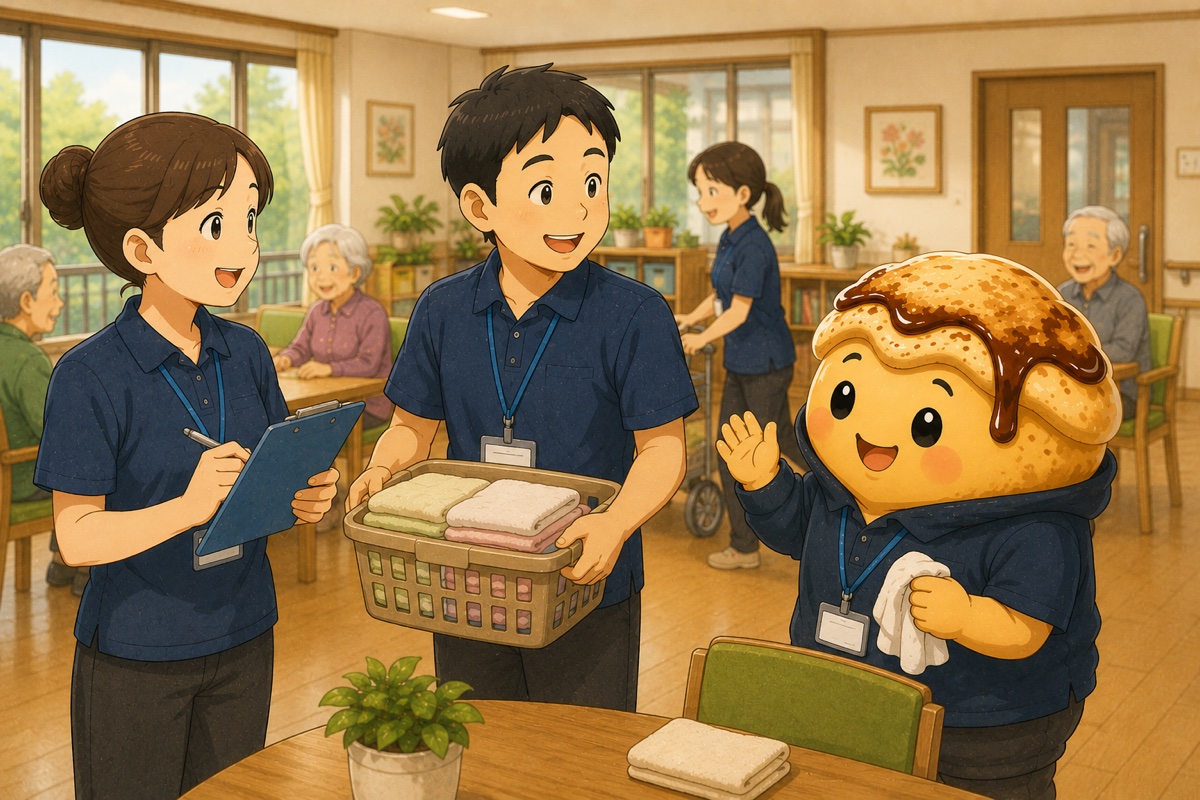 笑顔で声をかけ合うデイサービス職員のイラスト
