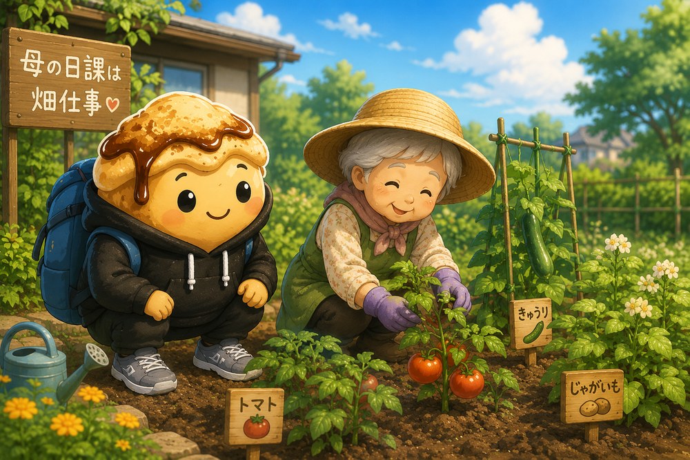 畑仕事をするサナエちゃんとわらびもちのイラスト