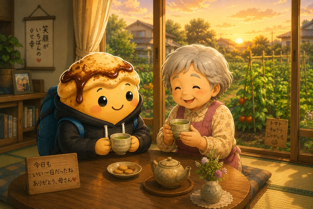 夕暮れの縁側でお茶を飲むサナエちゃんとわらびもちのイラスト