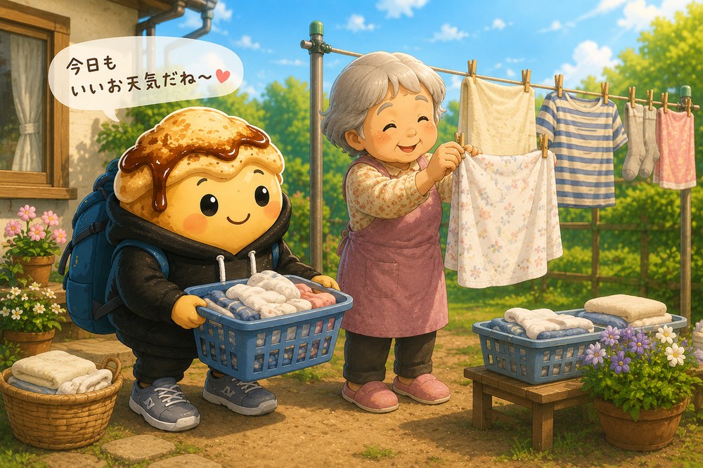 洗濯物を干すサナエちゃんと、かごを運ぶわらびもちのイラスト