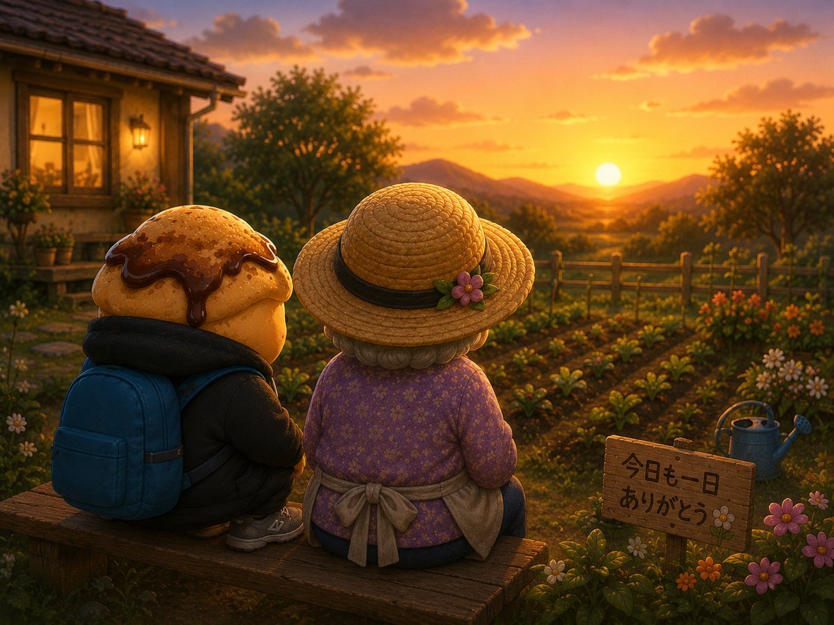 夕日を眺めるわらびもちとおばあちゃん。今日も一日ありがとう
