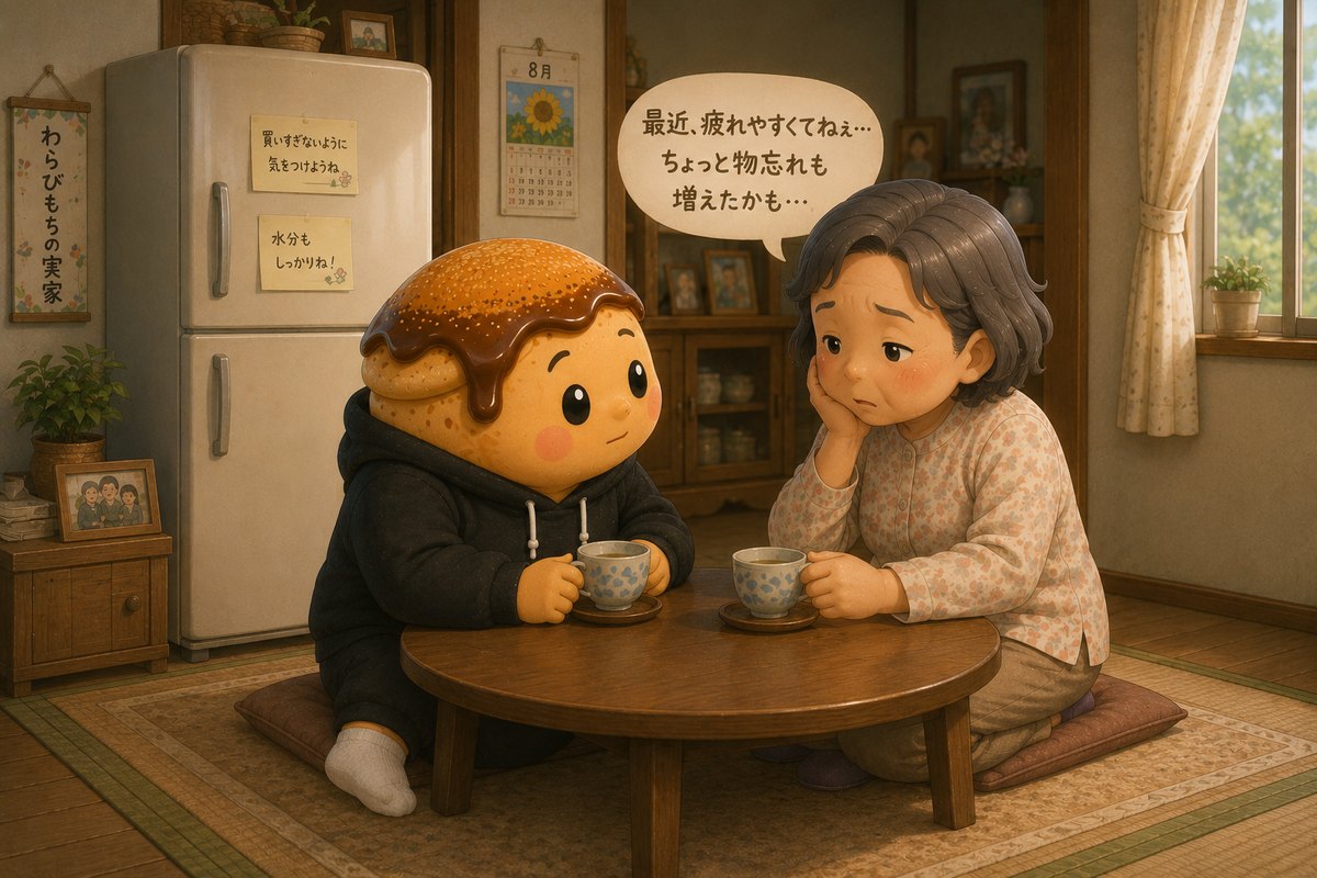 ちゃぶ台でお茶を飲みながら「最近疲れやすい、物忘れも増えた」と話す母