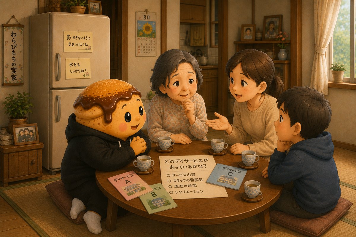 家族みんなで、どのデイサービスが合うか相談している様子