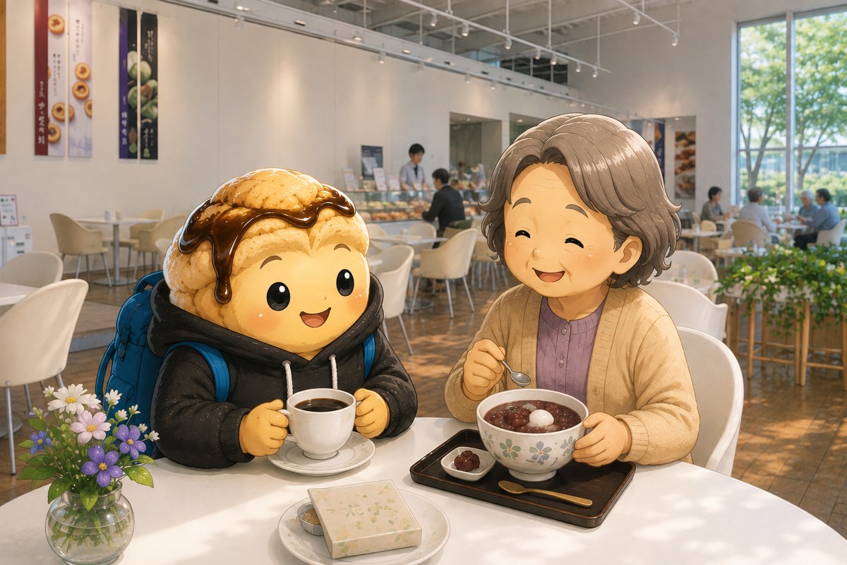 受診のあとの喫茶店。母はぜんざい、私はコーヒーで一息ついているイラスト