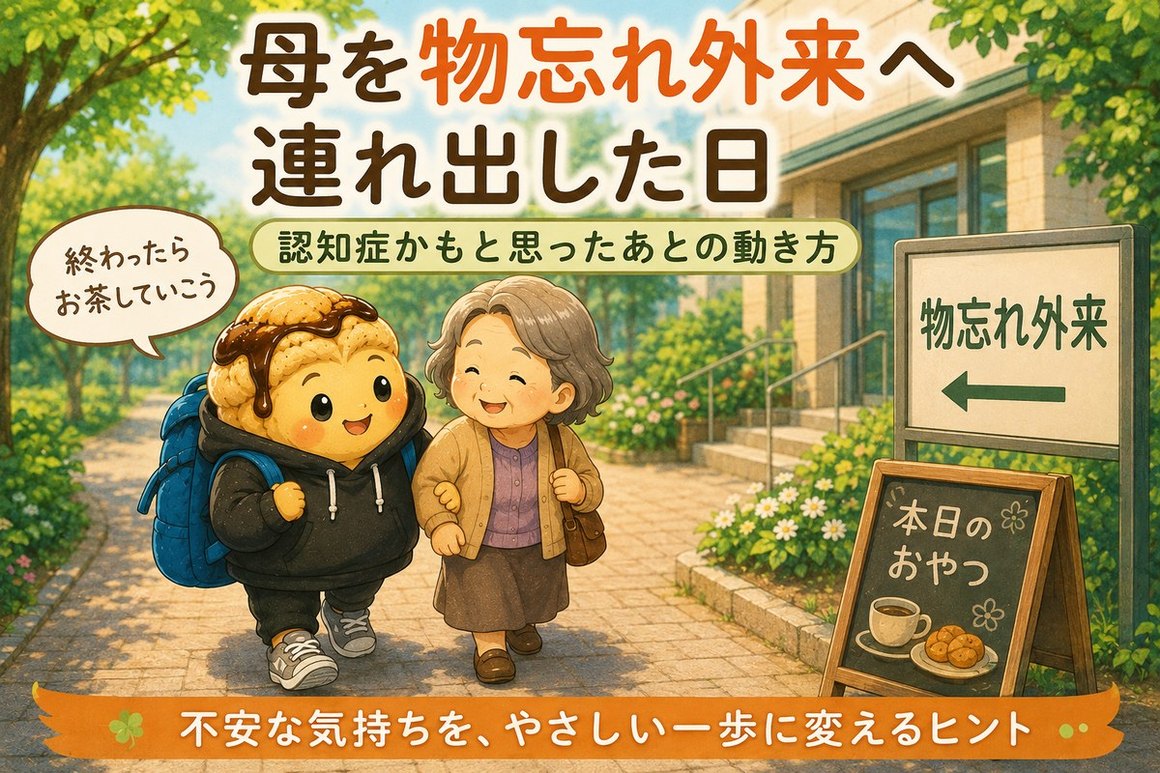 病院へ向かう道を、母と並んで歩くイラスト。「終わったら お茶していこう」と声をかけている