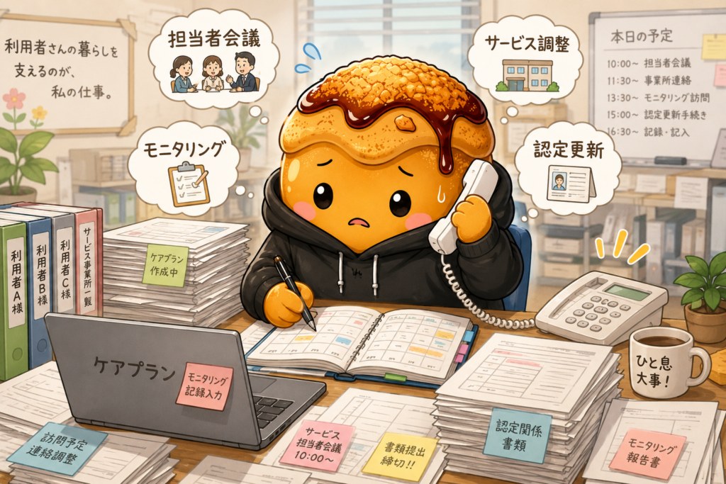 書類や調整業務に追われるケアマネジャーのイメージイラスト