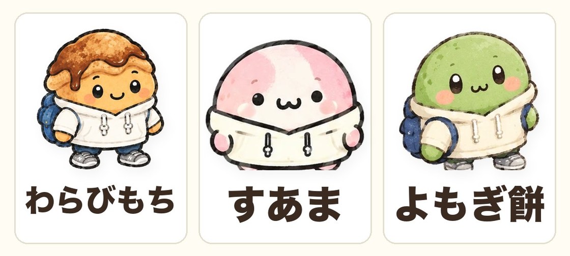 ブログに登場する3人のキャラクター。左からわらびもち、すあま、よもぎ餅