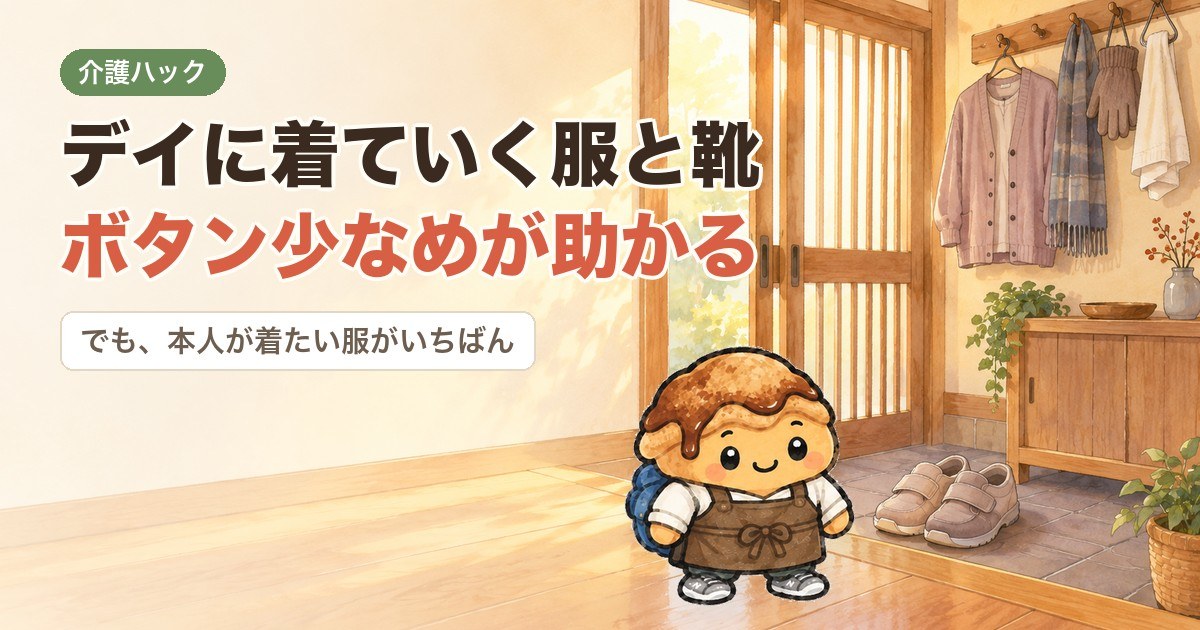 デイに着ていく服と靴。玄関の介護靴とボタン付きカーディガンの前に立つわらびもち