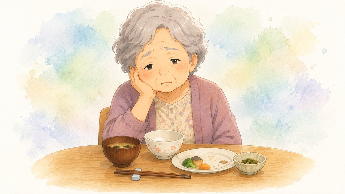食卓にすわった高齢の女性が、ごはんを半分ほど残して頬に手をあて、元気のない表情をしている