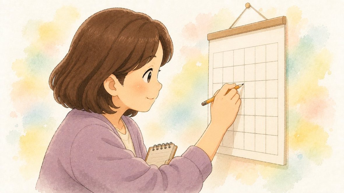 家族の女性が、壁のカレンダーに鉛筆で書き込んでいる