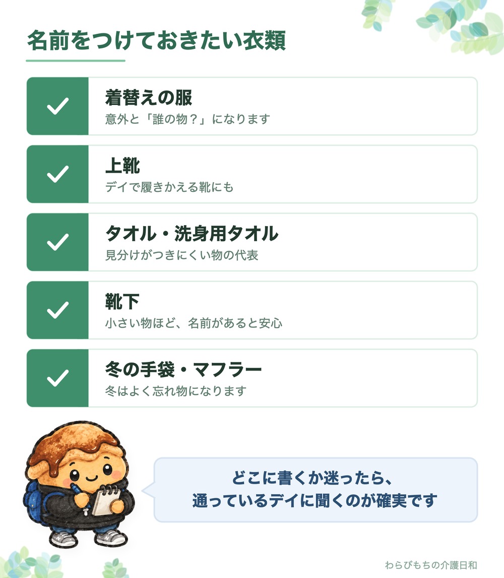 名前をつけておきたい衣類。着替えの服、上靴、タオル・洗身用タオル、靴下、冬の手袋・マフラー。どこに書くか迷ったら通っているデイに聞くのが確実