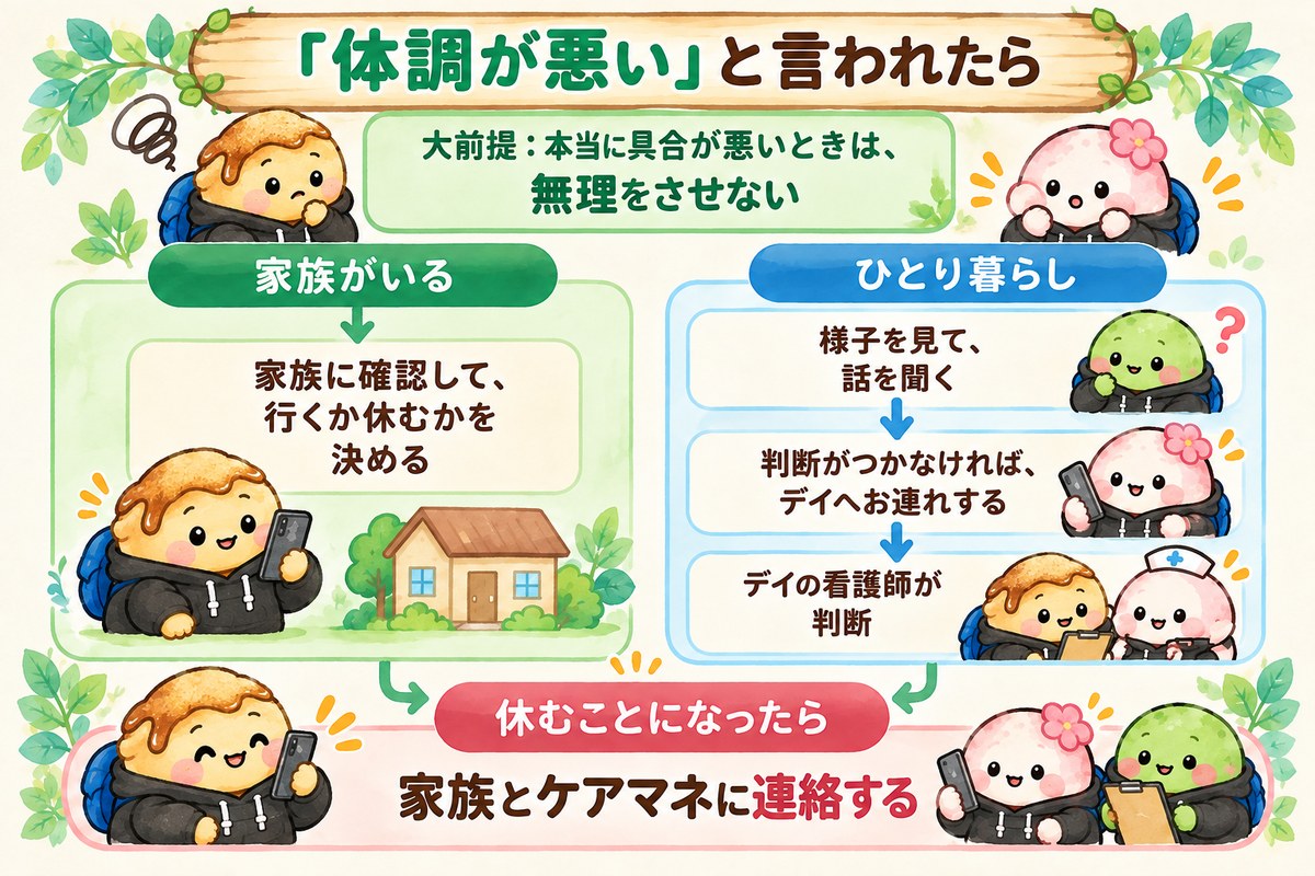 「体調が悪い」と言われたときの判断の流れ。本当に具合が悪いときは無理をさせない。家族がいれば確認して決める。ひとり暮らしなら様子を見て話を聞き、判断がつかなければデイへお連れして看護師が判断。休むことになったら家族とケアマネに連絡する
