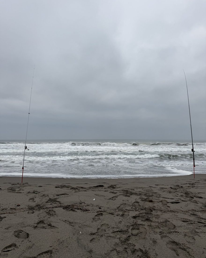 砂浜に立てた2本の竿と、曇り空の下の高い波